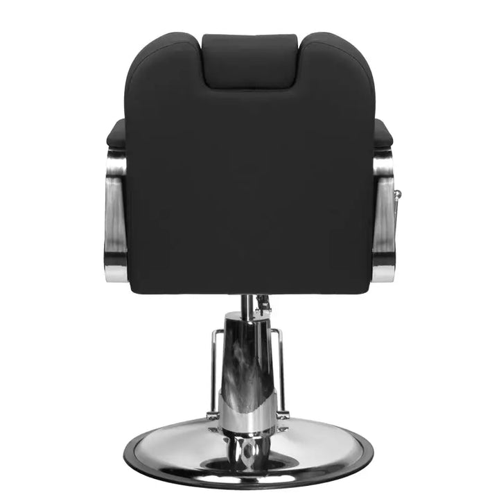 Schwarzer Barberstuhl Gabbiano Rufo mit Chrombasis für elegante Friseursalons