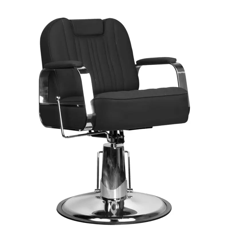Schwarzer Barberstuhl Gabbiano Rufo mit Chrombasis für Friseurbereich