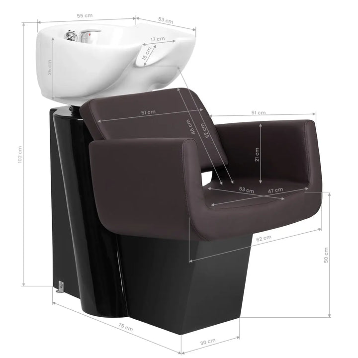Salon Shampoo Stuhl mit Maßen für Gabbiano Friseur-Waschanlage Helsinki Braun