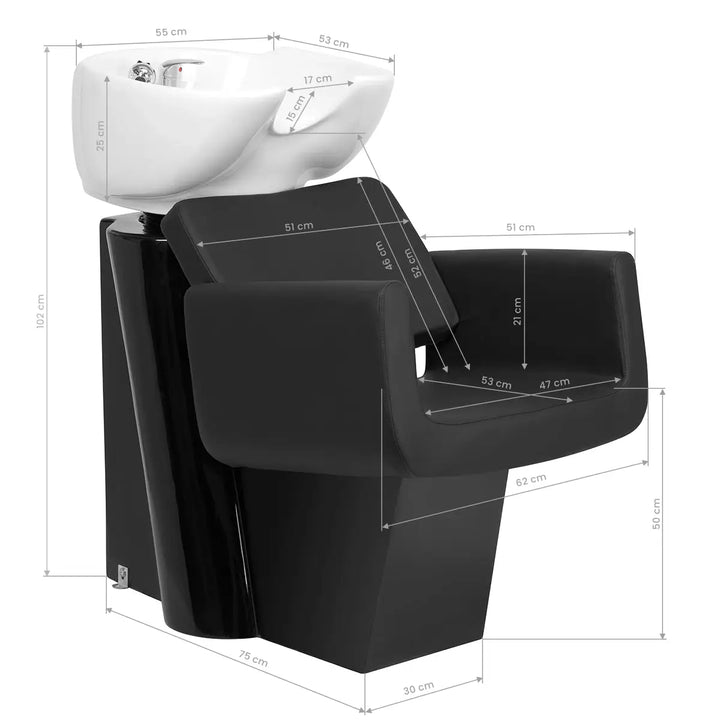 Schwarzes Friseursalon Shampoo-Stuhl mit weißer Wanne und Maßen im Gabbiano Helsinki