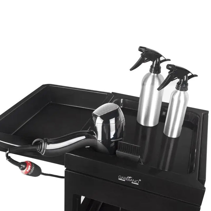 Schwarzer Gabbiano Friseurwagen 048a mit Styling-Tools für den Salongebrauch