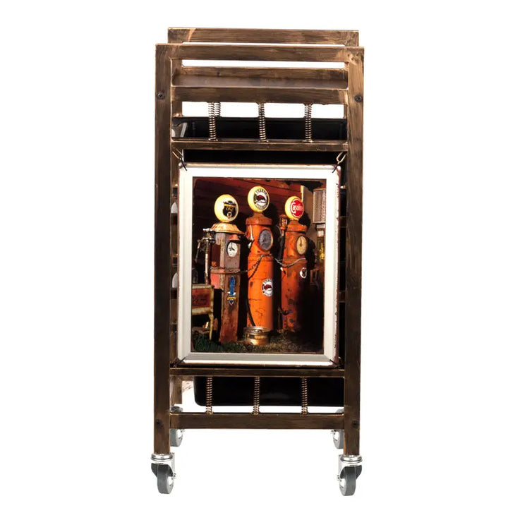 Metallrahmen-Vitrinen mit Vintage-Gas-Pumpenkunst für Gabbiano Friseurwagen 8-139