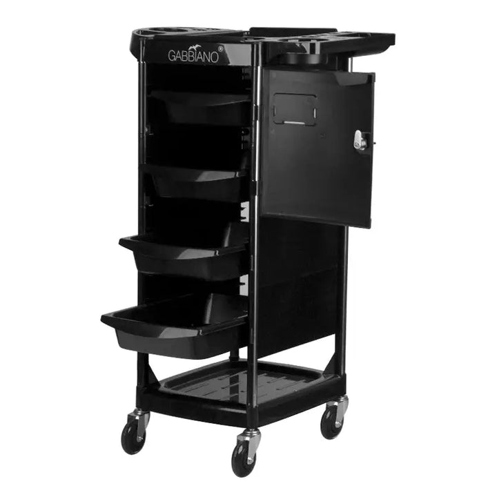 Schwarzer Friseursalonwagen Gabbiano FX10C mit Rollen für professionelle Haartools