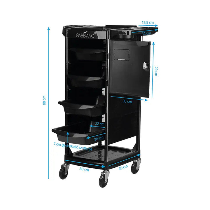 Schwarzer Friseurstuhlwagen Gabbiano fx10c mit Maßen, professionelles Salonzubehör