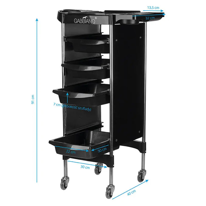 Schwarzer Friseursalonwagen Gabbiano FX11-2 mit Maßen, robustes Design, vielseitig geeignet