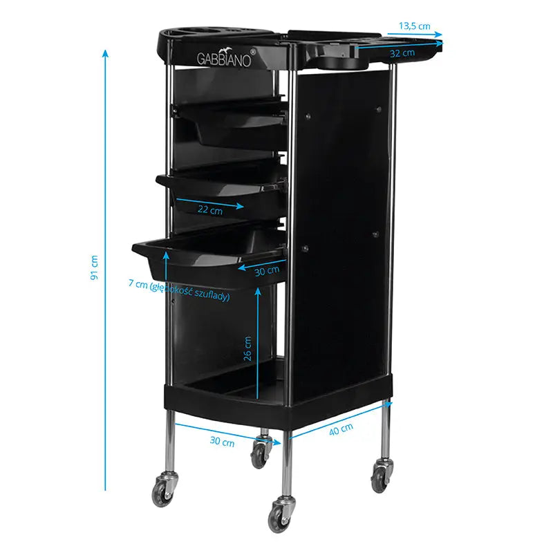 Schwarzer Friseurwagen Gabbiano FX11-A mit Maßen, professionelles Salonzubehör