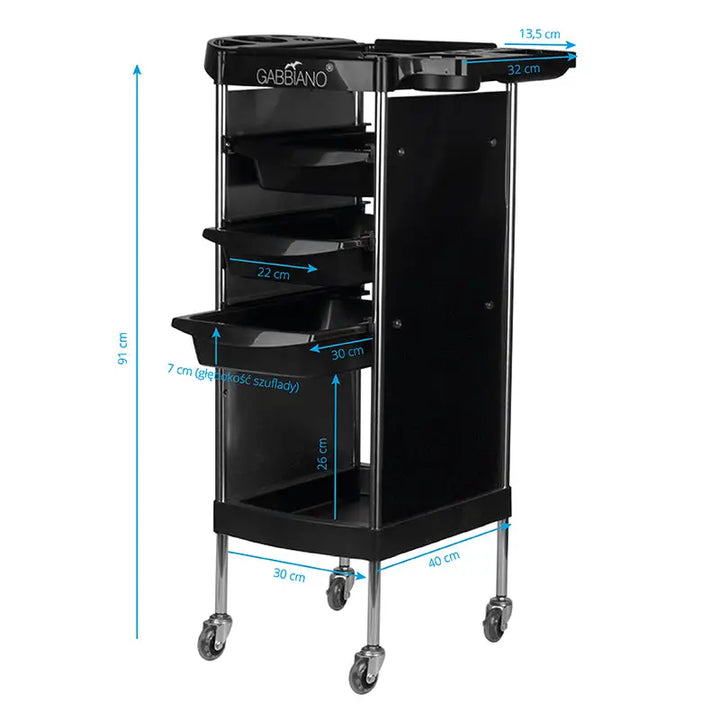 Schwarzer Friseurwagen Gabbiano FX11-A mit Maßen, professionelles Salonzubehör