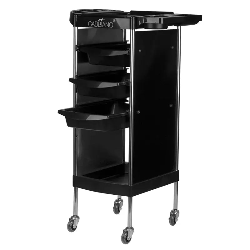 Schwarzer Gabbiano Friseurwagen FX11-A mit Trays und Rollen für Salonarbeiten