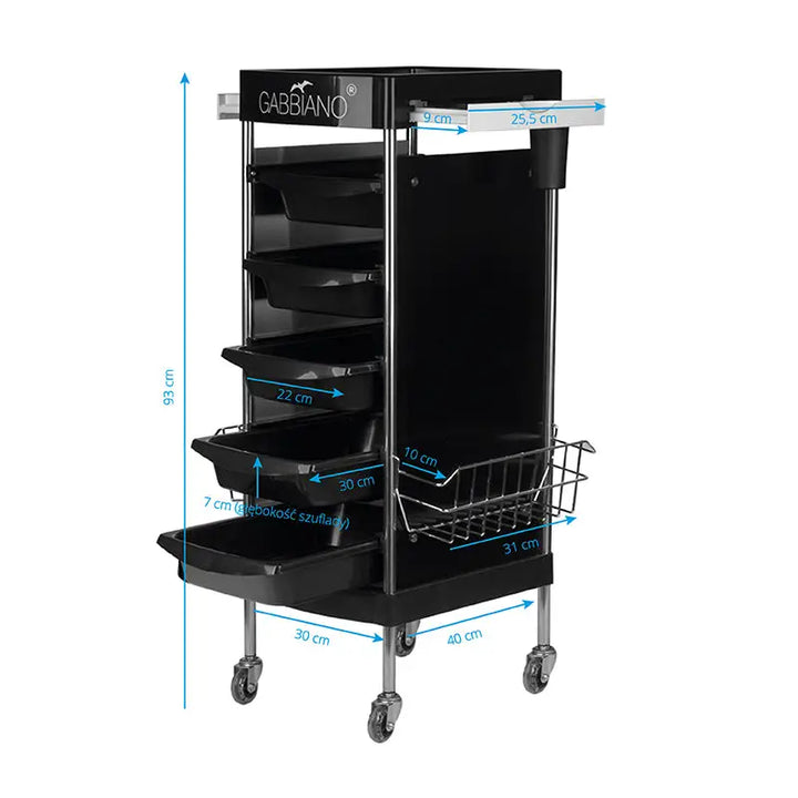 Schwarzer Friseurwagen Gabbiano FX11E mit Schubladen und Maßen