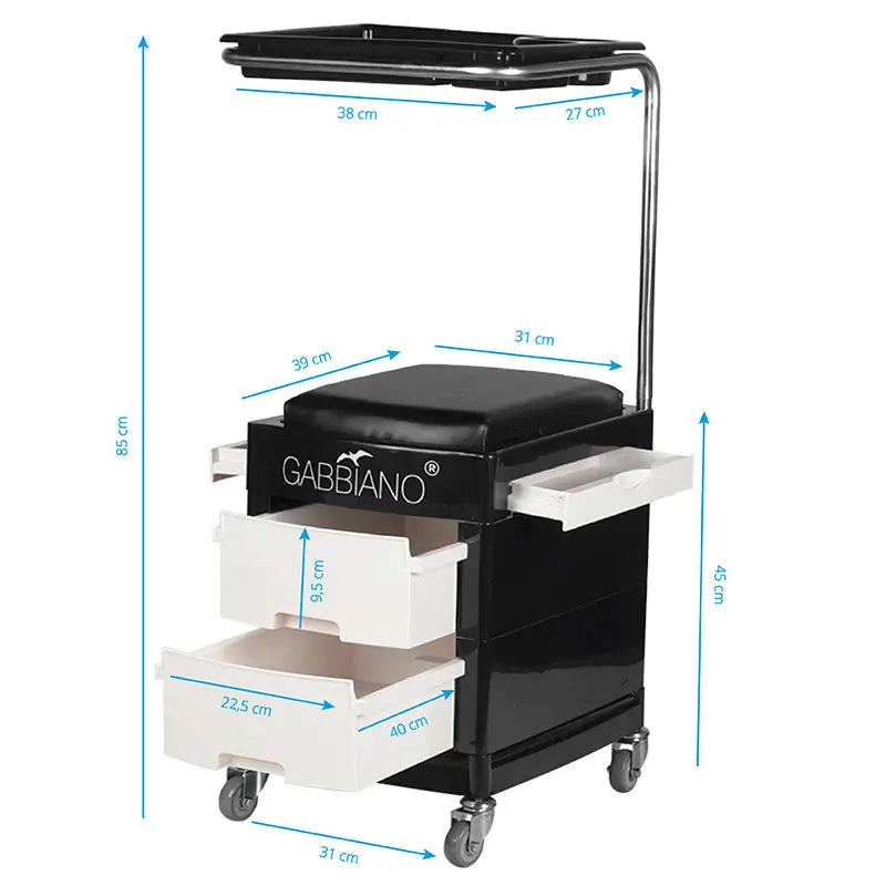Schwarzer rollender Friseurmobilwagen mit Schubladen und Tray für Gabbiano 16 Plus