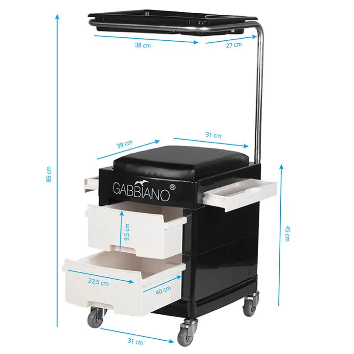 Schwarzer rollender Friseurmobilwagen mit Schubladen und Tray für Gabbiano 16 Plus