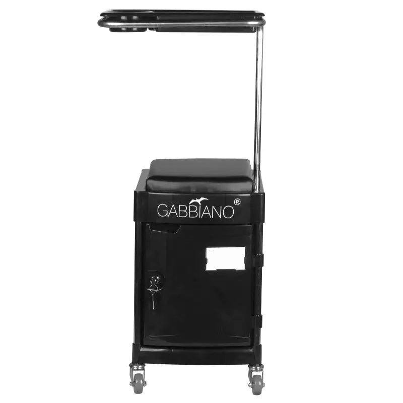 Schwarzer Rollhocker mit Stauraum und Fußablage für Salonpflegeprodukte
