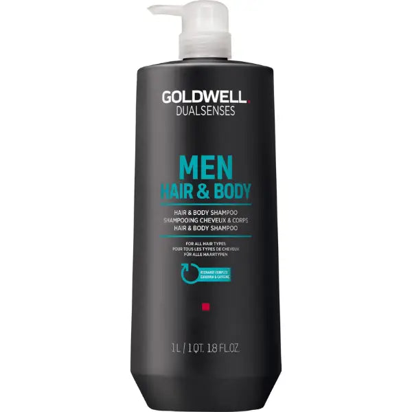 Schwarze Flasche Goldwell Dualsenses Men Haar- und Körpershampoo gespannt