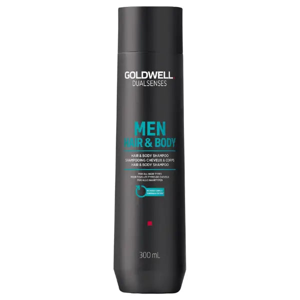 Schwarze Flasche Goldwell Dualsenses Men Hair und Body Shampoo auf Produktfoto