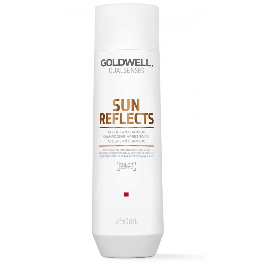 Weiße Flasche Goldwell Dualsenses Sun Reflects After Sun Shampoo auf weißem Hintergrund
