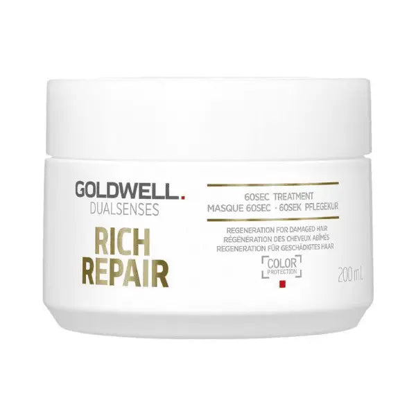 Weißer Glasbehälter mit Haarkur Goldwell Dualsenses Rich Repair 60sec Treatment