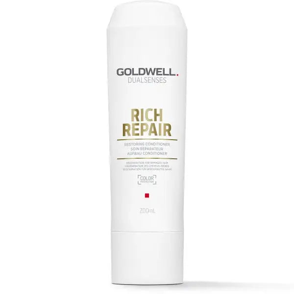 Weiße Flasche Goldwell Dualsenses Rich Repair Restoring Conditioner auf weißem Hintergrund