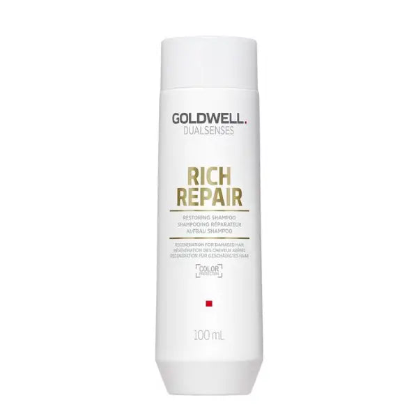 Weiße Flasche Goldwell Dualsenses Rich Repair Restoring Shampoo auf weißem Hintergrund