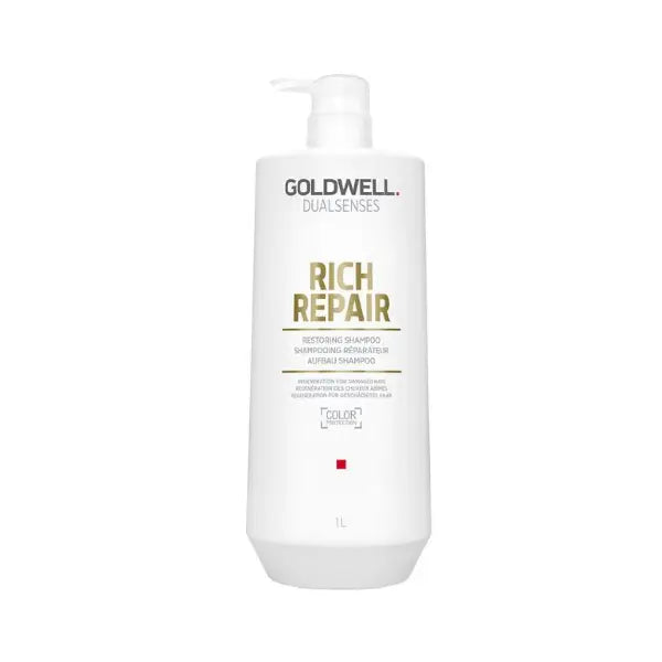 Weiße Flasche Goldwell Dualsenses Rich Repair Shampoo für repariertes strapaziertes Haar