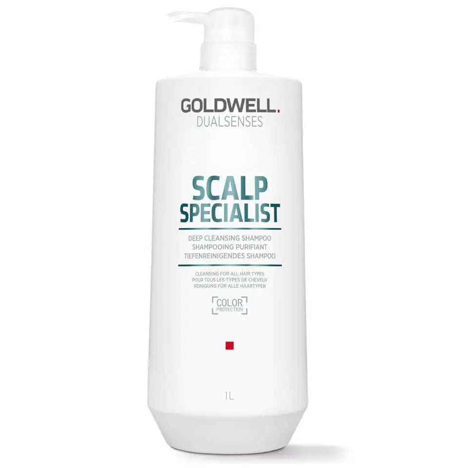 Weiße Flasche Goldwell Dualsenses Scalp Tiefenreinigung Shampoo auf Produktdisplay