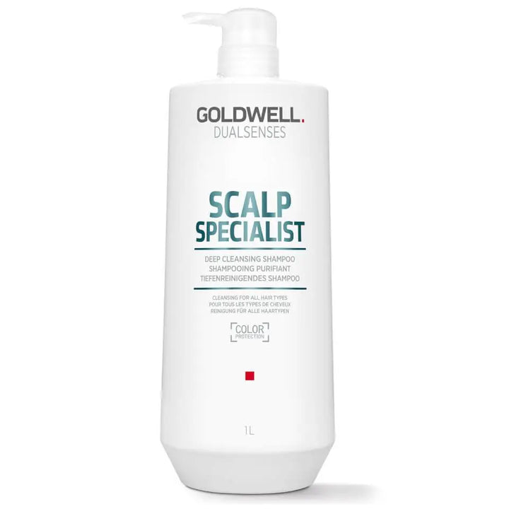 Weiße Flasche Goldwell Dualsenses Scalp Tiefenreinigung Shampoo auf Produktdisplay