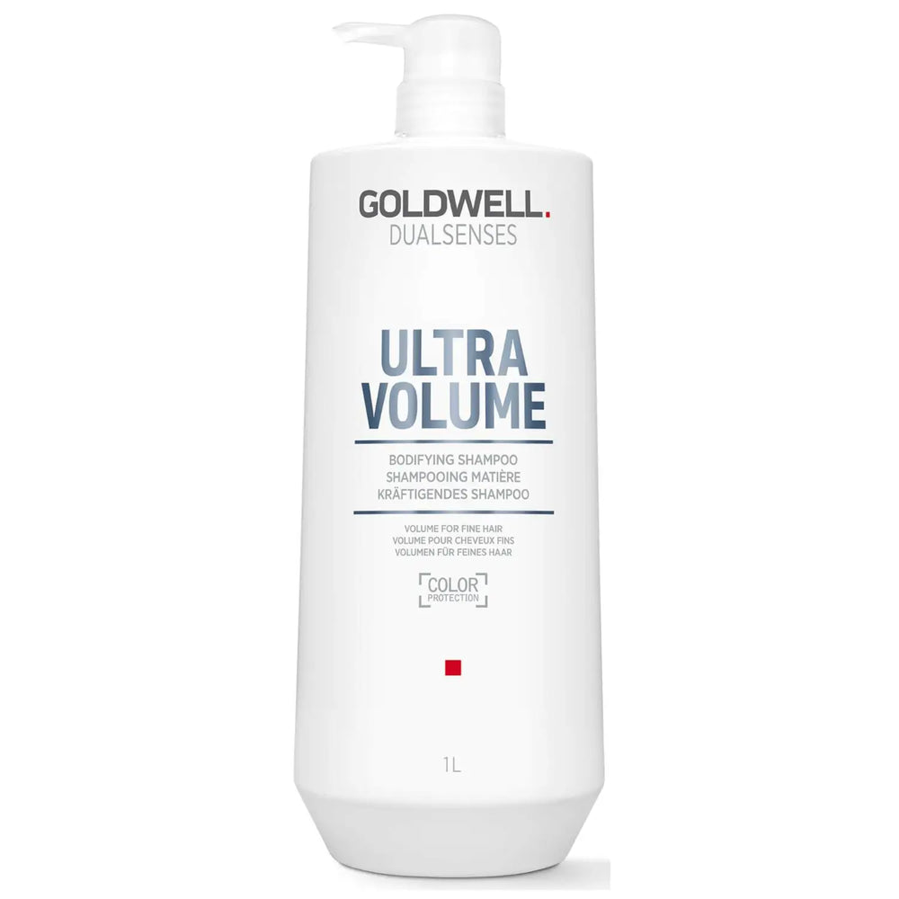 Weiße Flasche Goldwell Dualsenses Ultra Volume Volumen Shampoo auf weißem Hintergrund