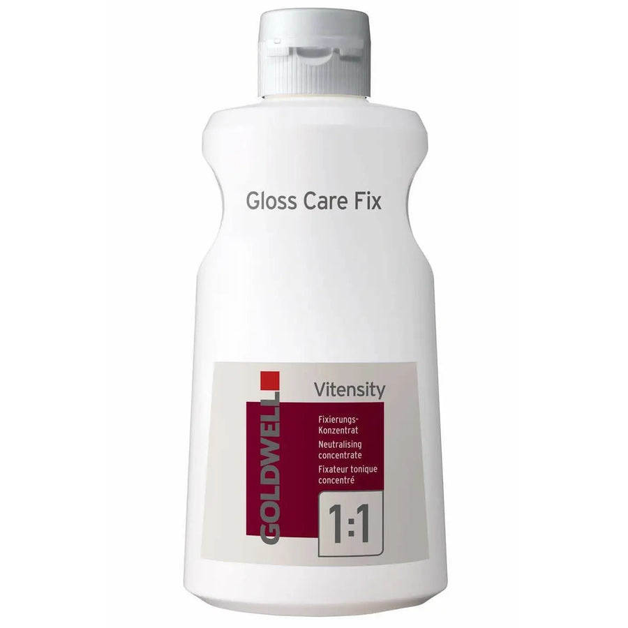 Weiße Flasche Goldwell Vitensity Gloss Pflege Fixierungskonzentrat auf dem Produktdisplay