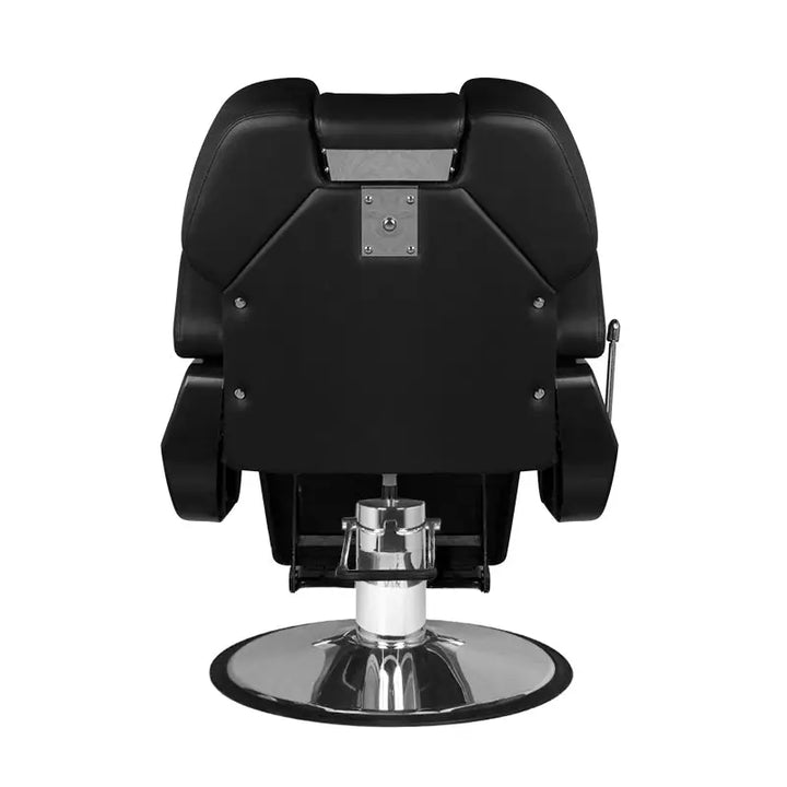 Schwarzer Barberstuhl Hair System New York mit Chrombasis im modernen Friseursalon