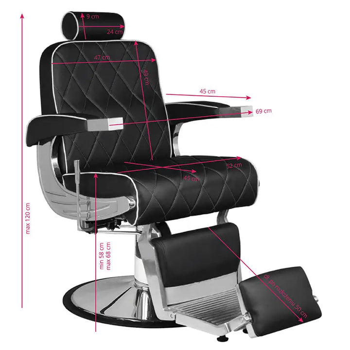 Schwarzer Hair System Barberstuhl Royal X mit Maßen, modernes Friseurstuhl Design