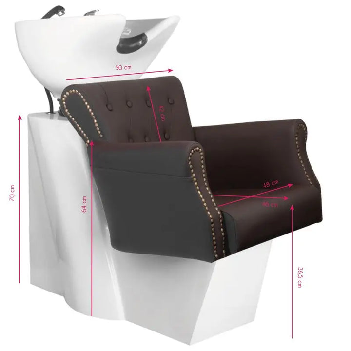 Salon Shampoo Stuhl mit Maßen für Hair System Friseur-Waschbecken BER 8183 Braun