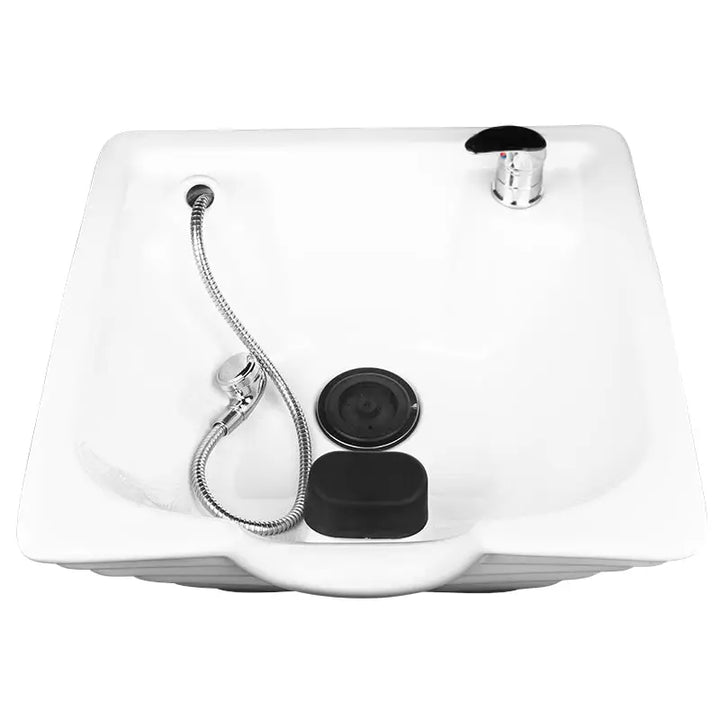 Weiße Keramik-Friseurbadewanne mit Wasserhahn und Sprüher im Hair System Friseur-Waschbecken HSB07 Schwarz
