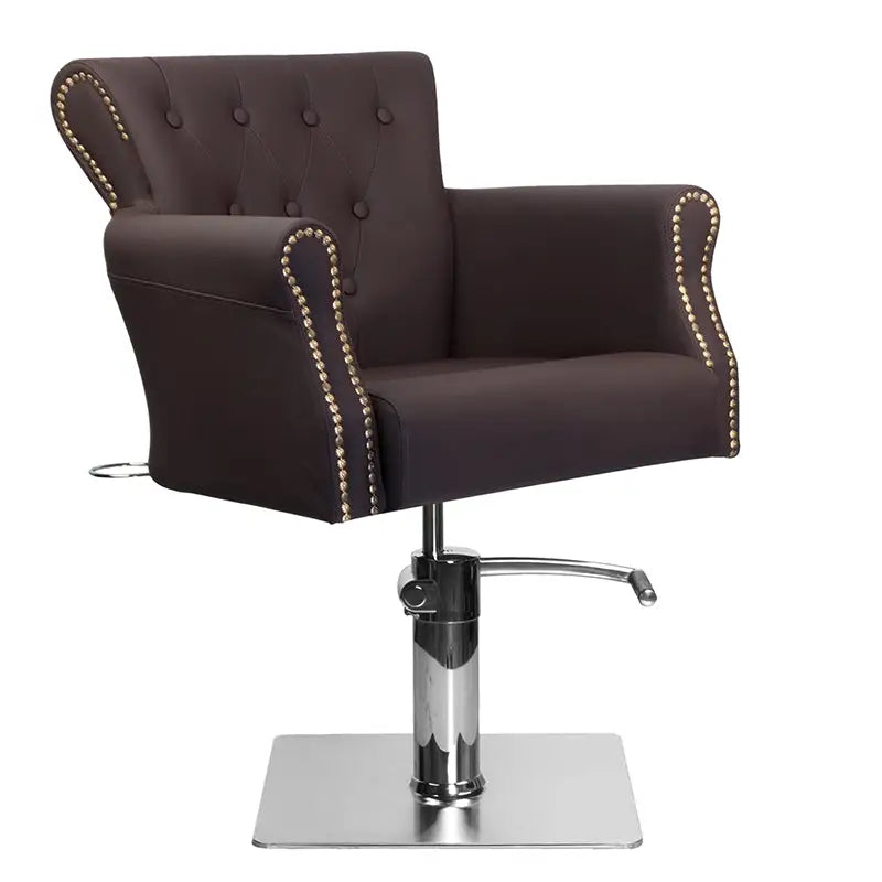 Brauner Friseurstuhl mit silbernen Akzenten im Produkt Hair System Friseurstuhl BER 8541 Braun