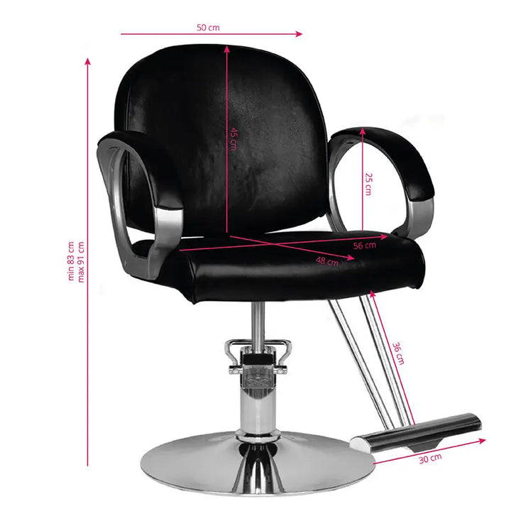 Schwarzer Friseurstuhl Hair System HS00 mit Maßen für Salongebrauch