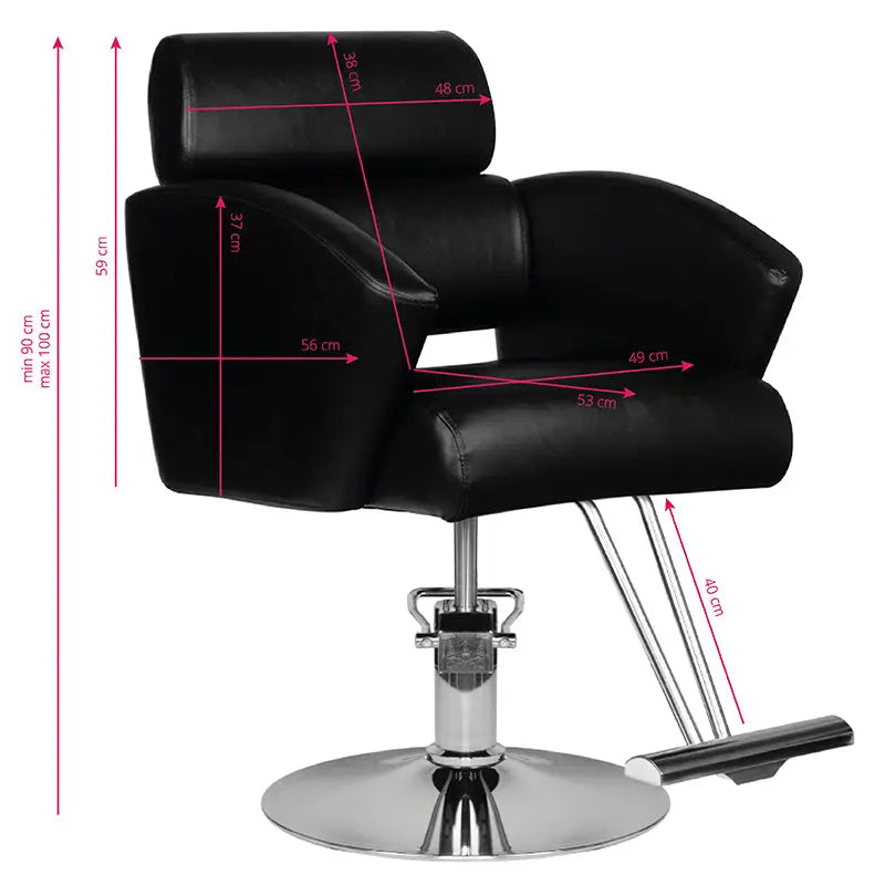 Schwarzer Friseurstuhl Hair System HS02 mit Maßen für Salonkomfort