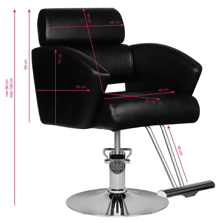 Schwarzer Friseurstuhl Hair System HS02 mit Maßen für Salonkomfort