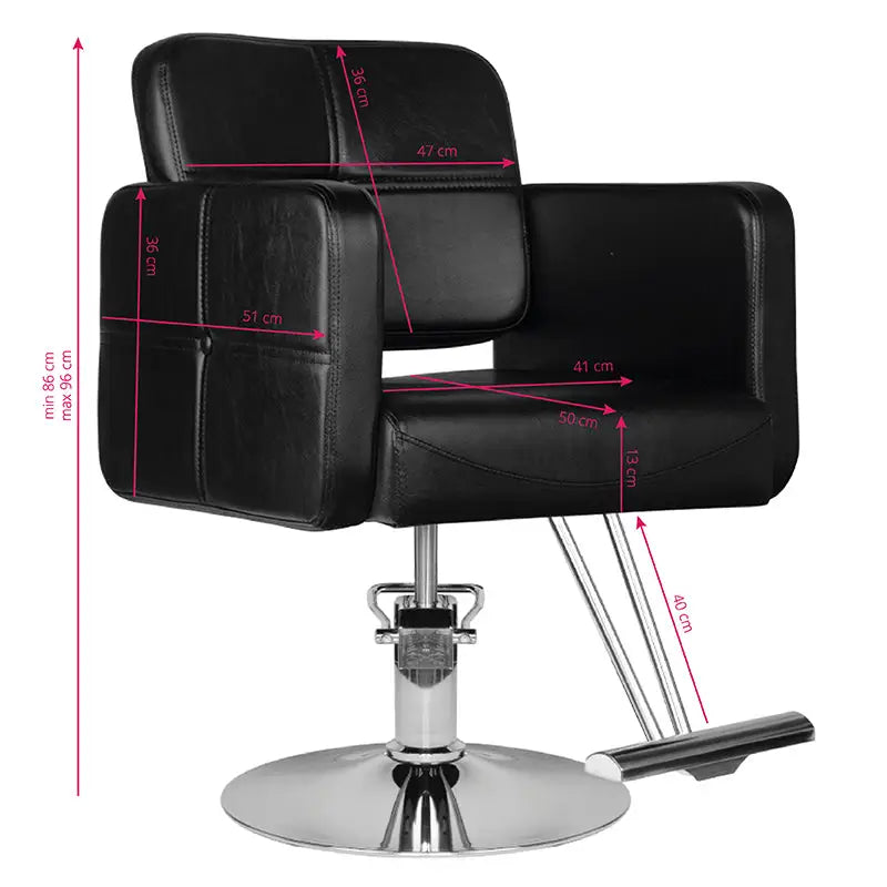 Schwarzer Friseurstuhl Hair System HS10 mit Maßen, bequemer Salonstuhl