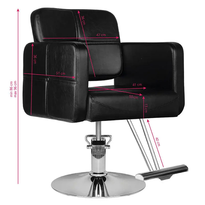 Schwarzer Friseurstuhl Hair System HS10 mit Maßen, bequemer Salonstuhl