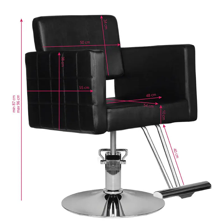 Schwarzer Friseurstuhl Hair System HS33 mit Dimensionen, professioneller Salonstuhl