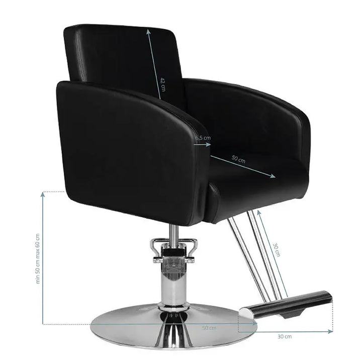 Schwarzer Friseurstuhl Hair System HS40 mit Maßen für Salonkomfort
