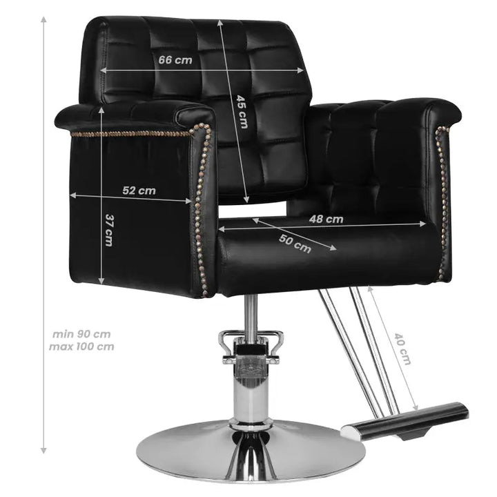 Schwarzer Friseurstuhl Hair System HS48 mit Maßen für Salonarbeitsplatz