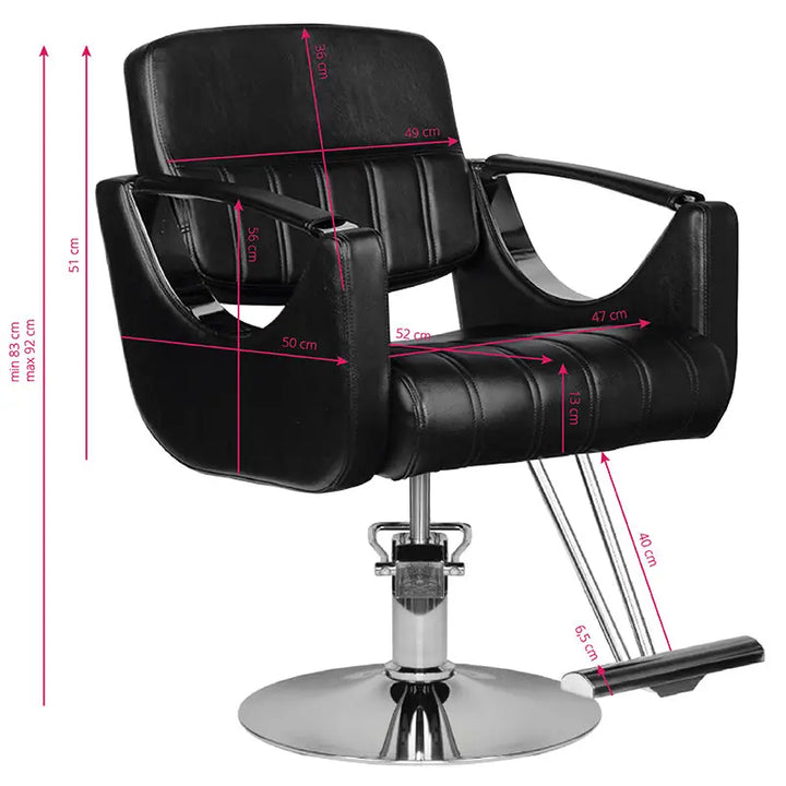 Schwarzer Friseurstuhl Hair System HS52 mit Abmessungen, flexible Salonstuhl
