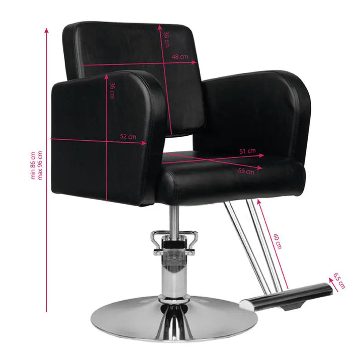 Schwarzer Friseurstuhl Hair System HS92 mit Maßen im Salon anzeigen