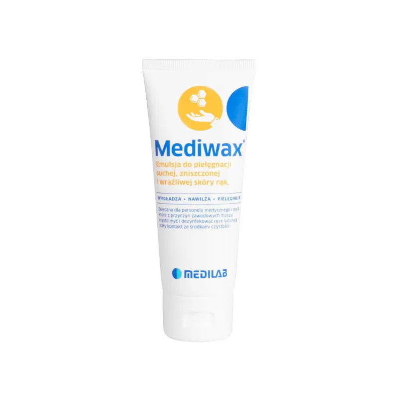 Tube mit MediWax Handcreme 75ml Anzeigegestell auf weißem Hintergrund