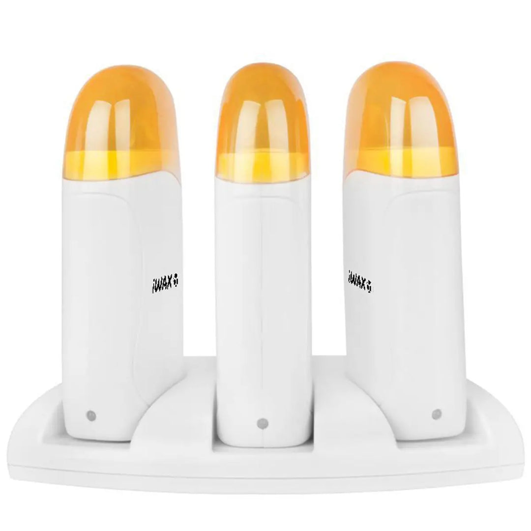 Drei weiße Wachsheizer mit gelben Deckeln für IWax Wachs-Heizgerät roll-on Trio 120w