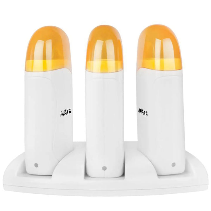 Drei weiße Wachsheizer mit gelben Deckeln für IWax Wachs-Heizgerät roll-on Trio 120w