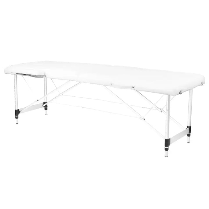 Weiße Massageliege mit Aluminiumbeinen im Produkt Klapp-Massageliege Alu Komfort 2-teilig Weiß