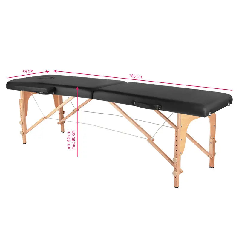 Schwarze Klapp-Massageliege Komfort 2-teilig mit verstellbaren Holzbeinen
