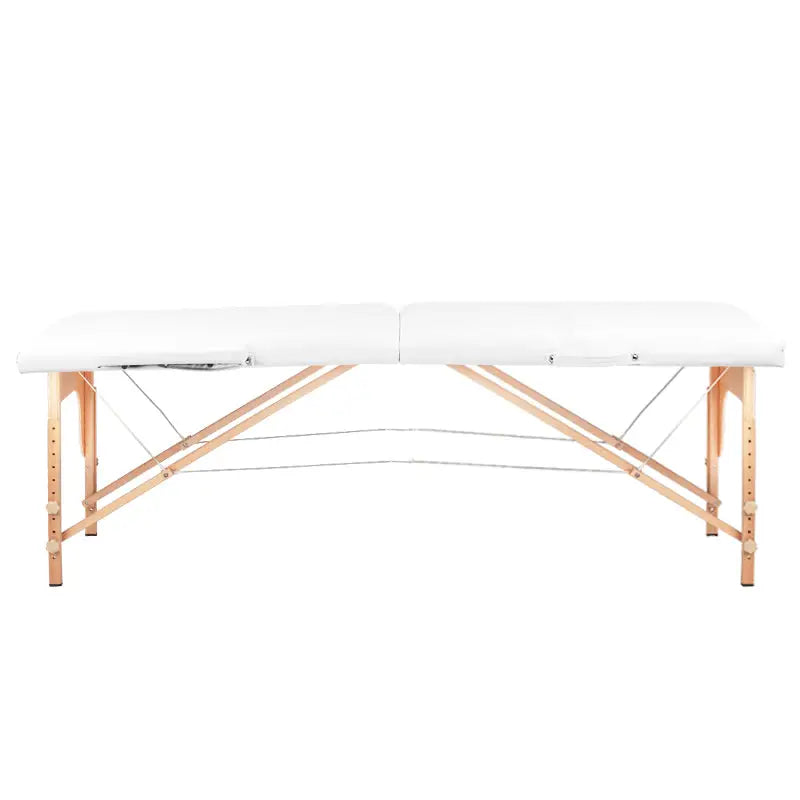 Weiße Klapp-Massageliege Komfort 2-teilig mit Holzrahmen, ideal für professionelle Behandlungen