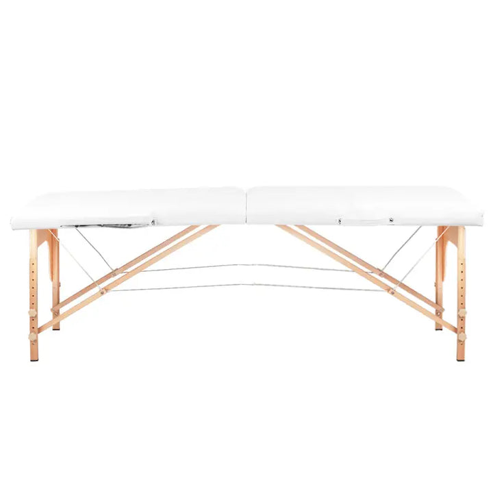 Weiße Klapp-Massageliege Komfort 2-teilig mit Holzrahmen, ideal für professionelle Behandlungen
