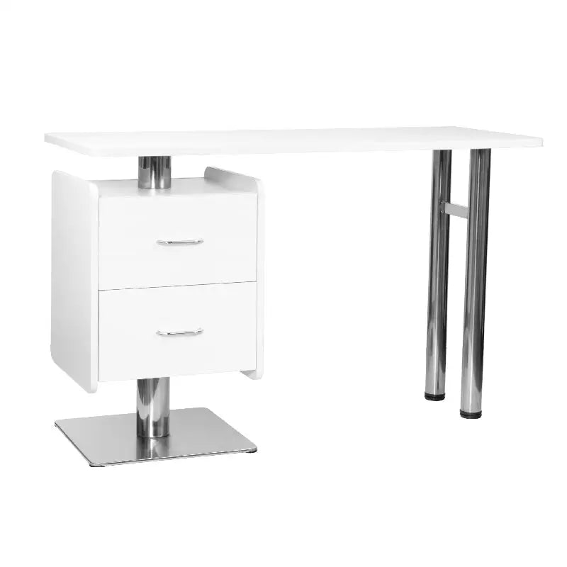 Weißer Kosmetiktisch 6543 mit Chromakzenten auf hellem Schreibtisch